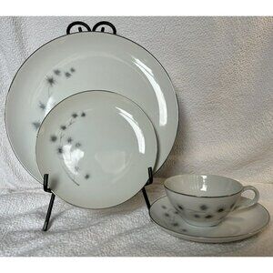 Creative Fine China Atomic Platinum Starburst #1014 4 Piece Setting Vintage MCM